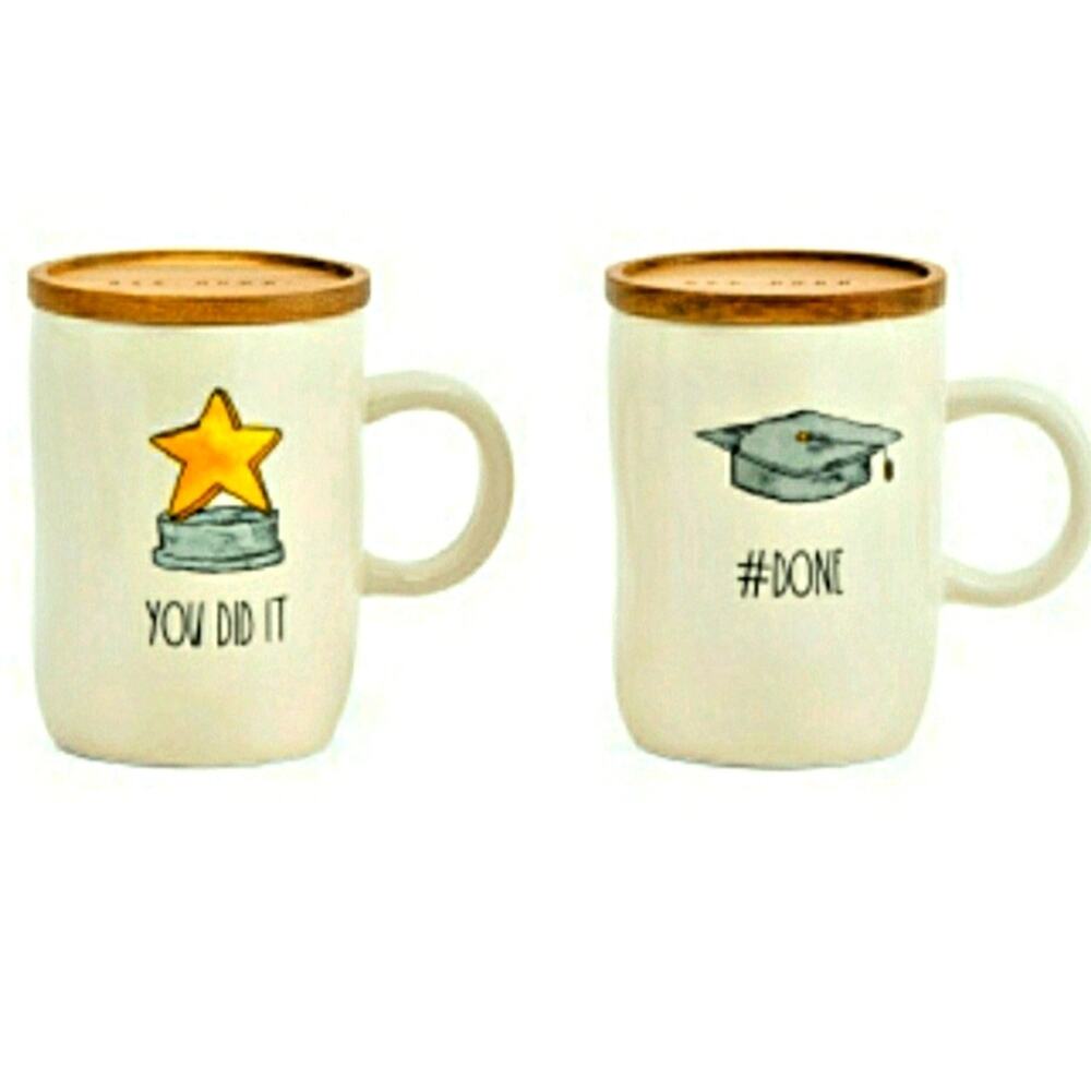 Rae Dunn graduation mugs/cups w lids Star, tassel cap Inspiration quote new wood